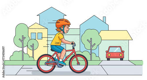 Illustration of a cheerful boy riding a bicycle in a suburban street with houses