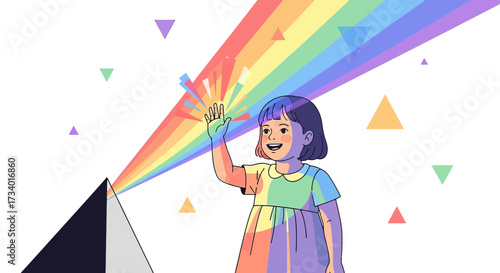 Illustration of a curious girl interacting with light spectrum and geometric shapes against white