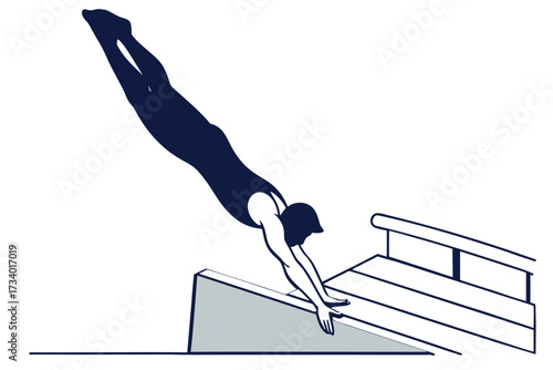 AI Generated Male gymnast vault jump silhouette — clean faceless outline showing powerful springboard launch and upward twist over vault platform, black on white.