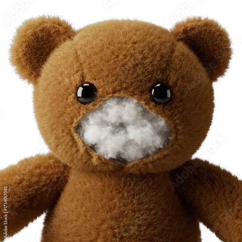Plush brown teddy bear, torn, revealing white stuffing, stitched seams, dark button eyes. Macro close-up, dramatic studio light on transparent, subtle melancholy atmosphere