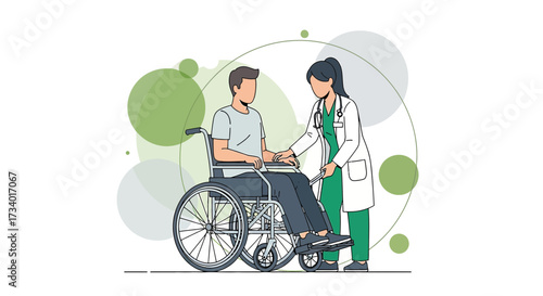 Illustration of a doctor examining a patient in a wheelchair in a medical setting for healthcare