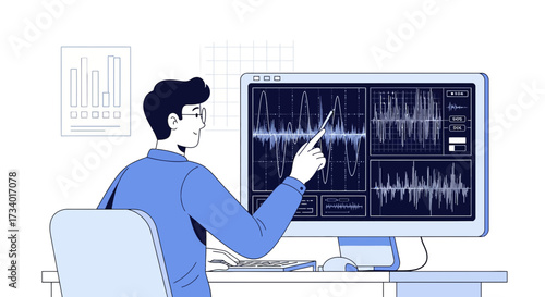 Illustration of a data scientist analyzing complex graphs on a computer screen carefully
