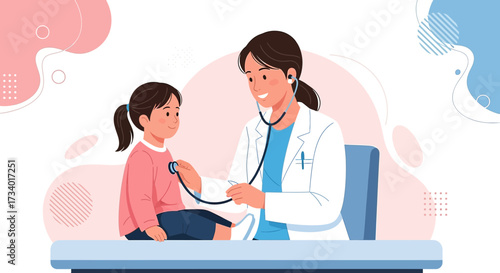 Illustration of a female doctor examining a child patient with a stethoscope in a clinic setting