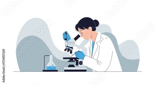 Illustration of a female scientist working with a microscope in a lab setting using scientific
