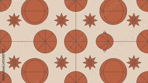 Repeating pattern of circles, stars, and christmas ornaments on a light beige background design art