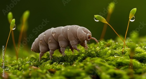 A tiny tardigrade clings to a surface underwater, its segmented body and eight legs visible against a blurred aquatic background.