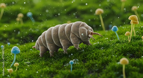 A tiny tardigrade clings to a surface underwater, its segmented body and eight legs visible against a blurred aquatic background.