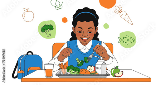 Illustration of a happy schoolgirl eating a healthy lunch at school with vegetables and milk