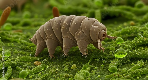 A tiny tardigrade clings to a surface underwater, its segmented body and eight legs visible against a blurred aquatic background.