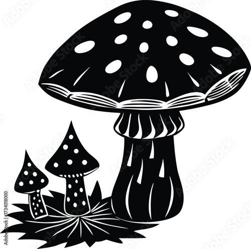 Detailed black and white sketch of a mushroom growing in grassy ground