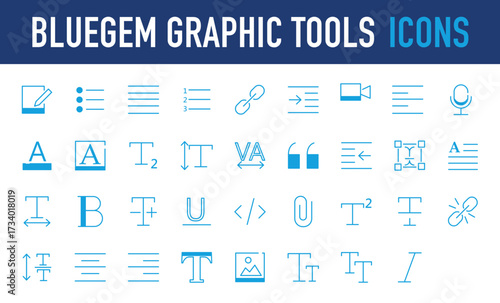 Set of Bluegem graphic tools vector icon. Concept, Letter, Typography, Left, Text, Big To Small Letter, Link, Tool, Signs, Document, Language, Paper, Line, Right, Photo illustration. 