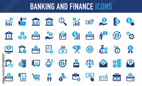 Set of Banking and finance vector icon. Graph, Search, Safe, Business, Plus, Bank, Finance, Write Check, Pay, Cash, Error, Gear, Coin, Dollar, Money, Tag, Analytics, Mouse, Growth illustration. 