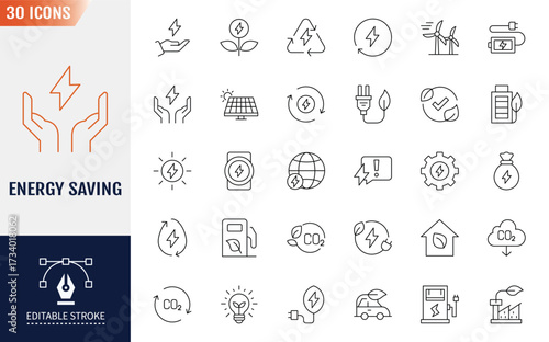Energy Saving Line Editable Icons set. Containing icons: Energy Costs, Power Consumption Level, Green House and more. Vector illustration 
