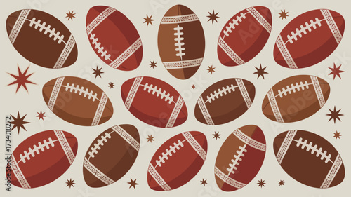 A repeating pattern of brown and red footballs interspersed with small star shapes on a light background