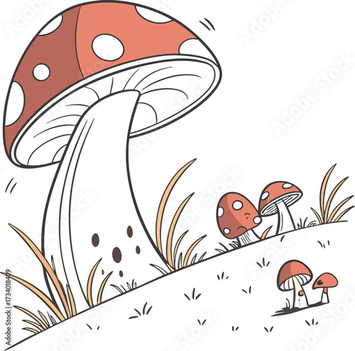 Detailed line drawing of three mushrooms growing among tall grass blades