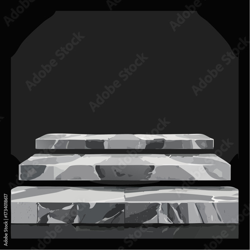 Rough stone slabs isolated on black, marble counter concrete shelves, grunge texture blocks object placement
