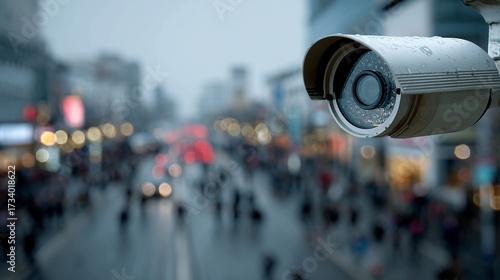 High-tech security camera watching over busy city streets, ensuring safety and peace of mind for urban residents and businesses with advanced surveillance technology