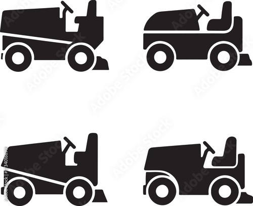 Zamboni vector icons, black ice resurfacer symbols, isolated editable design, minimal sports vehicle icons, modern zamboni illustration, flat bold shapes, hockey arena buyer focused