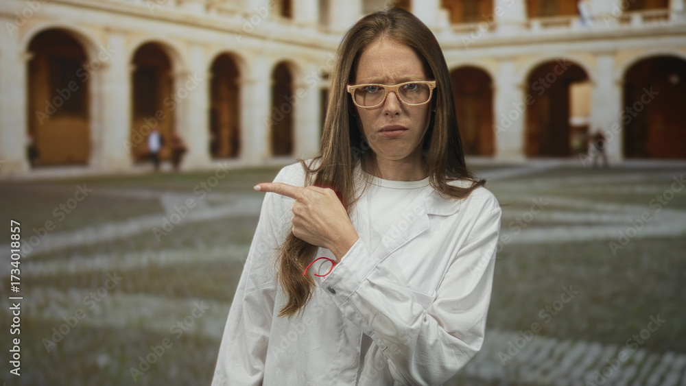 Obraz premium Woman scientist in white lab coat points finger to side at old town building courtyard; confusion concern.