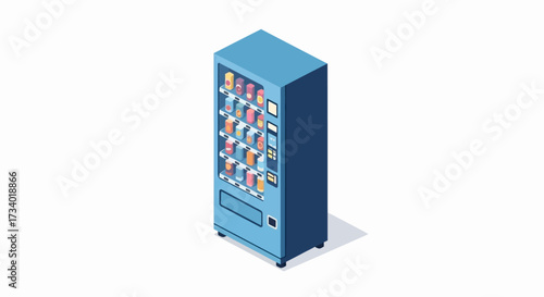 Isometric illustration of a blue vending machine with various drinks inside.