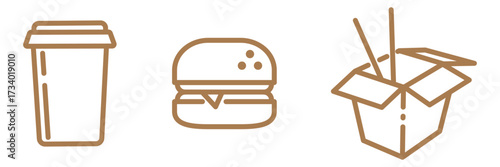 Linear fast food icons collection isolated on transparent background. Includes burger, coffee cup and wok box outline symbols. Editable stroke design perfect for café menu, snack bar and delivery