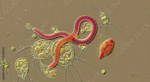 A close-up of tiny worms and protozoa swimming in a clear aquatic environment.