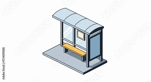 Isometric illustration of a bus stop with a bench and advertising panel.