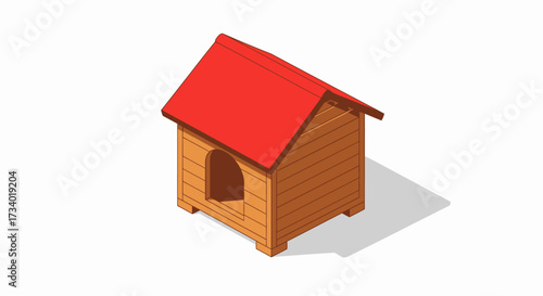 Isometric illustration of a wooden dog house with a red roof.