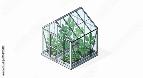 Isometric illustration of a greenhouse filled with plants on a white background.