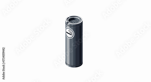 Cylindrical gray ashtray with cigarette symbol on a white background.