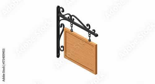 Isometric sign hanging from a wrought iron bracket.