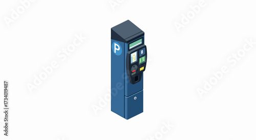 Isometric illustration of a blue parking meter with a digital display.