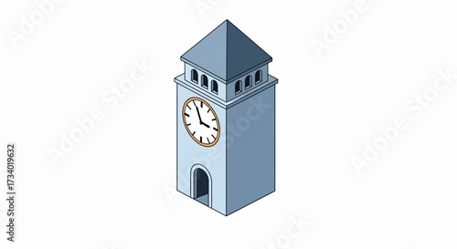 Isometric illustration of a clock tower with a gray roof.