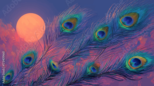 Vibrant peacock feathers glowing under full moon in surreal fantasy night background with elegant decorative presentation copy space.