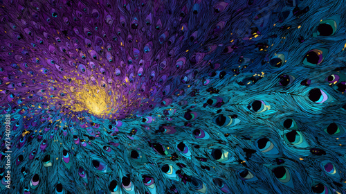 Abstract spiral of peacock feathers in vibrant purple and turquoise vortex design with fantasy decorative background presentation.