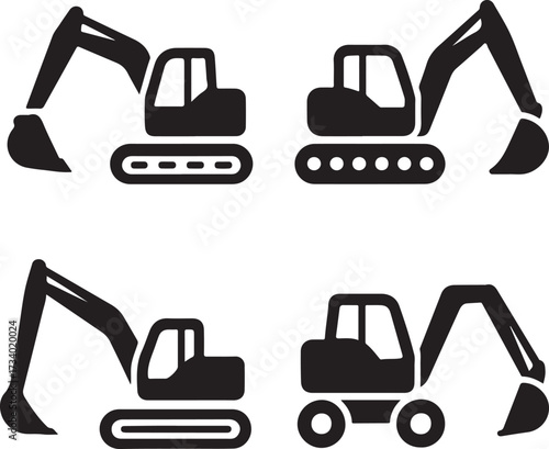 Excavator vector icons, black excavator symbols, isolated editable design, minimal construction icons, modern machine illustration, flat bold shapes, building tools buyer focused