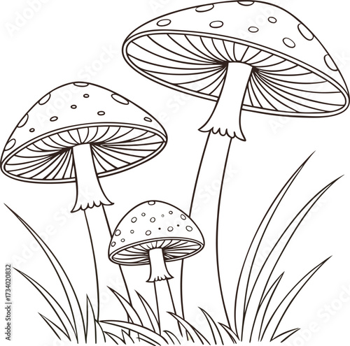 Whimsical black and white illustration of a mushroom cluster growing on a tree stump