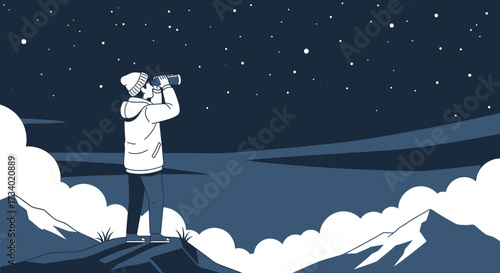 Illustration of a man on a mountain gazing at a starry night sky through binoculars