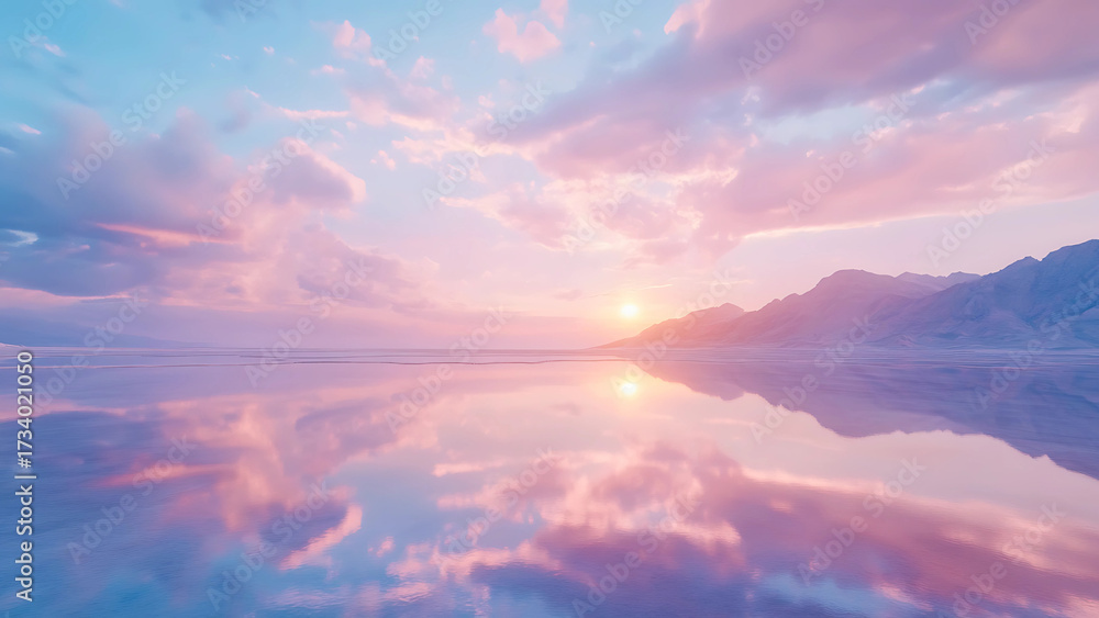Naklejka premium Frozen tundra landscape at dawn with snowy peaks, shimmering ice crystals, and pink morning sky