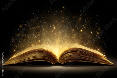 Magical book releasing golden sparks in a dark background creates an enchanting atmosphere of wonder and imagination during nighttime