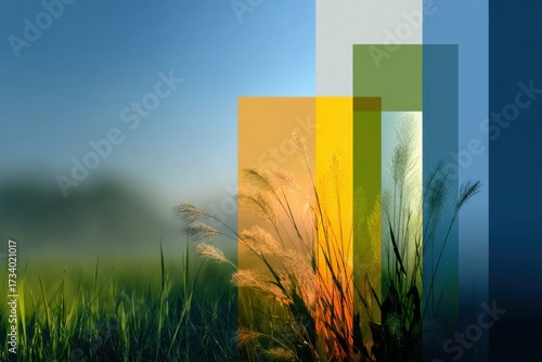Vibrant grass silhouette with colorful geometric overlays during sunrise in a serene rural landscape