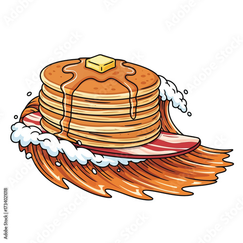 Vector illustration of a stack of pancakes with bacon and syrup on a surfboard riding a wave, isolated on a