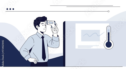 Illustration of a man using a non-contact thermometer with temperature display and analysis