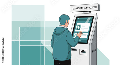 Illustration of a man using a telemedicine consultation kiosk for healthcare access