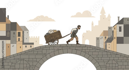 Illustration of a medieval man pulling a cart across a stone bridge in town