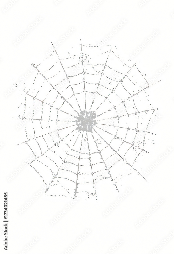 Obraz premium Cobweb in a Retro Halftone Visual with Print Distress and Light Scratches; the web should combine muted gray tones with halftone speckle and white negative space for a vintage, worn illustration.