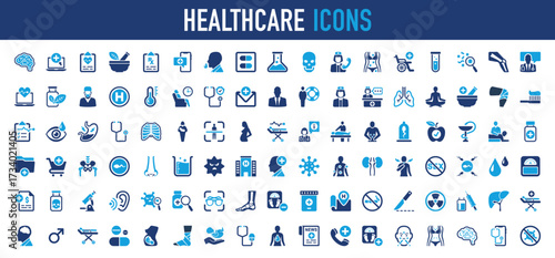Set of Healthcare vector icon. Fitness, Health, Spa, Laboratory, Syringe, Cytoplasm, Science, Body, Glasses , Emergency, Medical, Pregnant, Magnifier, Scale, Injury, Human, Body Scanning illustration.