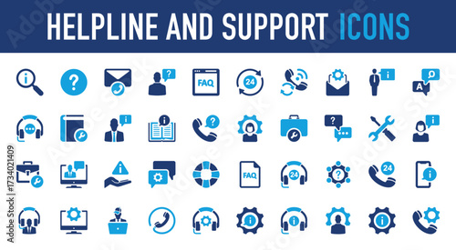 Set of Helpline and support vector icon. Question, Call, Hours, Help, Customer Service, Technology, Gear, Info, Repair, Question, Message, Information, Phone, Communication, Telephone illustration. 