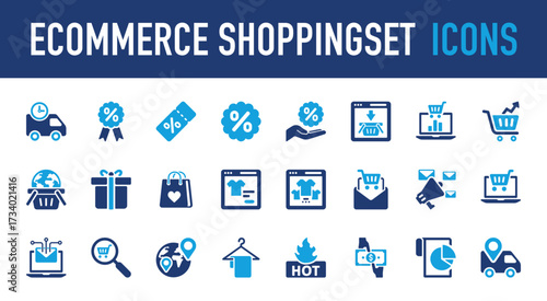 Set of Ecommerce shopping vector icon. Track Order, Money, Connection, Find, Shopping, Hot, Document, Time, Tag, Discount, Business, Christmas, Favorite, Clothes, Social illustration. 