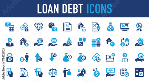 Set of Loan debt vector icon. Rate, Money, Bank, Loan, Discount, High, Car, Calendar, Note, Application, Down, Up, Percent, Mortgage, Search, Payment, Calculator, Security, Growth illustration. 